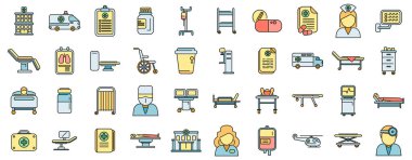 Hastanelik simgeleri ana hat vektörünü ayarlayın. Sağlık sigortası. Hemşire yatağı ince çizgi beyazı düz