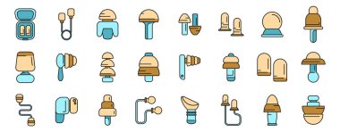 Kulak tıkacı simgeleri dış hat vektörünü ayarlar. Bakım cihazı. Kulak koruyucu ince çizgi beyazı düz