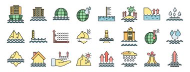 Deniz seviyesi yükseltme simgeleri dış hat vektörünü ayarlar. Su seviyesi. Doğa felaketi İnce çizgi beyazı düz