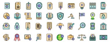 Telif hakkı yasası simgeleri ana hatları belirledi. Yazar sözleşmesi. Özellik patenti ince çizgi rengi beyaz üzerine düz