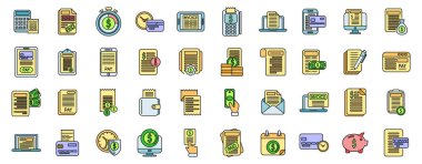 Ödeme şartları simgeleri ana vektör belirlendi. Kredi kartı. Belge beyaz üzerine ince çizgi rengini şarj et