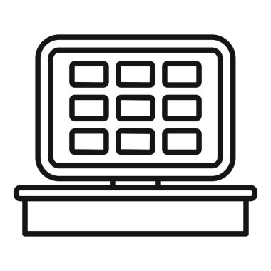 Kapağı kapalı bir waffle ızgarasının çizgi simgesi tezgahta duruyor, lezzetli waffle hazırlıyor.