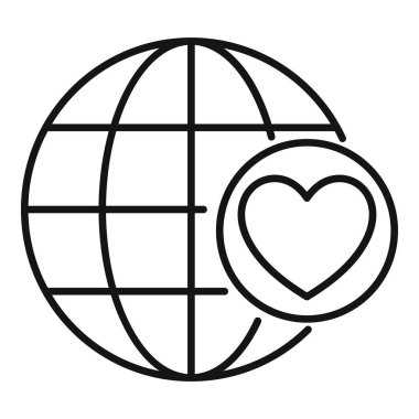 Küresel birlik ve merhameti sembolize eden kalbi olan bir dünyanın çizgi sanat simgesi.