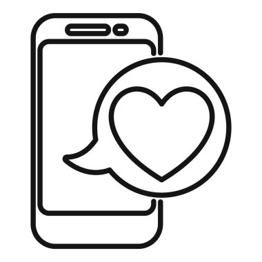 Smartphone içinde kalp sembolü olan bir konuşma balonu sergiliyor, çevrimiçi iletişim ve sevgiyi temsil ediyor.