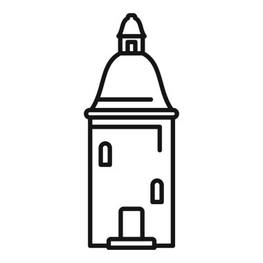 Kubbeli çatısı, pencereleri ve girişi olan yüksek bir binayı temsil eden basit ve asgari çizim