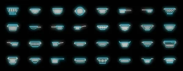 stock vector Colander icons set outline vector. Cook strainer. Food cooking neon color on black