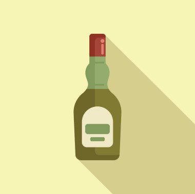 Sert alkol içeceği içeren yeşil cam şişe, uzun gölge, düz tasarım tarzı.