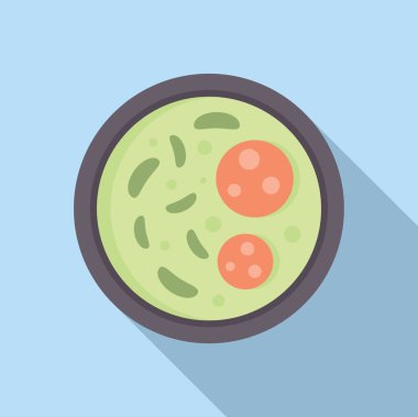 Bir kase yeşil bezelye çorbası ve mavi arka planda bir dilim sosis.