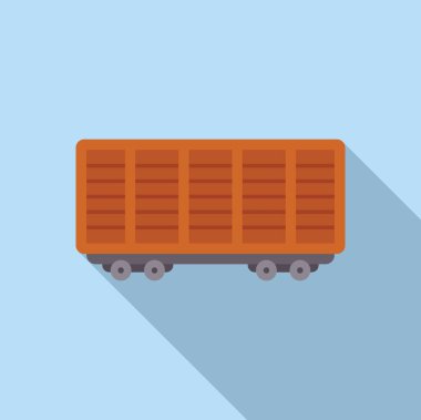 Açık mavi arka planda rayların üzerinde duran eski bir ahşap tren vagonunun basit ve renkli çizimi