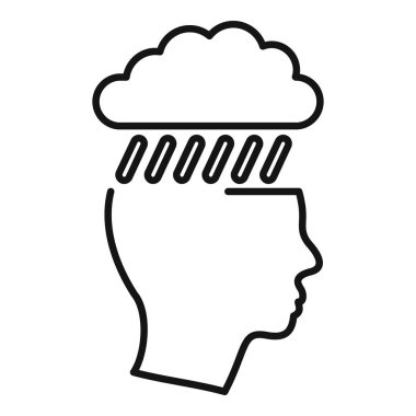 Bir insan kafası silueti ve yağmur bulutu ile zihinsel sağlık sorunlarını temsil eden çizgi sanat simgesi