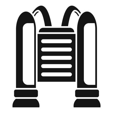 Sütunları ve su çeşmesi olan, beyaz arka planda izole edilmiş modern bir bina için siyah katı bir simge