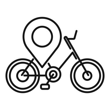 Konum broşlu bir bisiklet çizgisi resim simgesi. Bisiklet kiralama, şehir ulaşımı ve navigasyon için mükemmel.