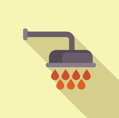 Duş başlığı dökülen sıcak su damlaları, banyo hijyeni ve rahatlama, uzun gölgeli düz tasarım ikonu
