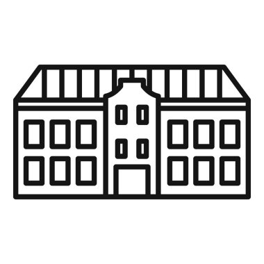 Birçok penceresi ve çizgili çatısı olan, beyaz arka planda izole edilmiş büyük bir binanın basit simgesi