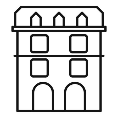 Kemerli girişler, çoklu pencereler ve belirgin bir çatı çizgisi içeren bir binanın ön cephesinin çizgi resim simgesi