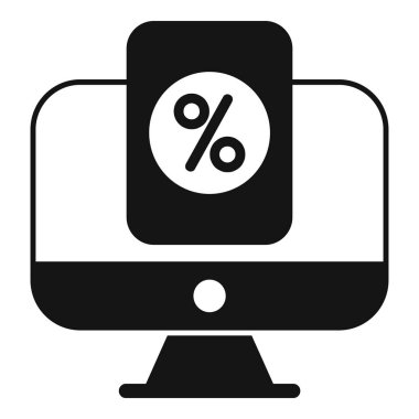 Çevrimiçi indirimleri ve alışveriş anlaşmalarını temsil eden yüzde sembolü gösteren bir bilgisayar ekranının siyah ve beyaz simgesi