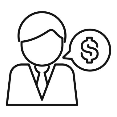 İş adamı, konuşma balonundaki dolar işaretinde belirtildiği gibi, mali durumu tartışıyor.