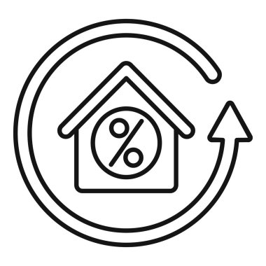 İçinde yüzde bir sembol ve yükselen bir ok olan bir evin çizgi sanat simgesi, artan mülk değerini temsil ediyor.