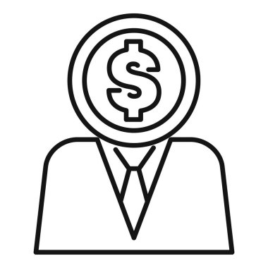 Kafasında bir dolar işareti olan bir iş adamının çizgi sanat simgesi, parayı temsil ediyor.