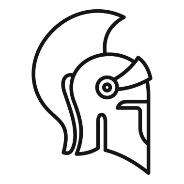 Tüylü çizgi simgesi, ordu sembolü, beyaz arka planda savaşçı vektör işareti olan antik Yunan miğferi