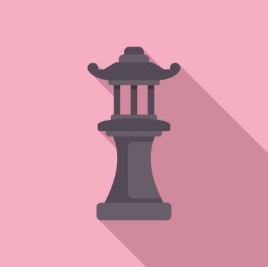 Pembe arka planda uzun bir gölgeyle duran Asyalı taş fener.