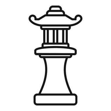 Çatı ve kıvrımlı bir şekle sahip bir üste duran taş fenerin çizgi çizimi