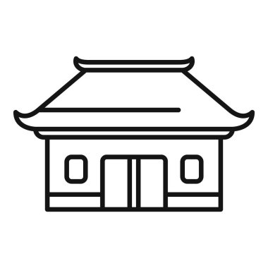 Eğri çatılı geleneksel bir Asya binasının siyah beyaz çizgisi çizimi