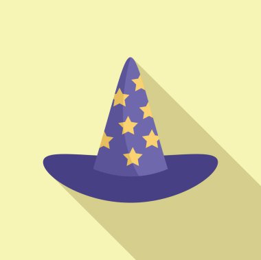 Altın yıldızlı mor büyücü şapkası sarı arka planda uzun bir gölge bırakır.