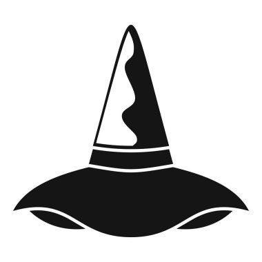 Bir cadı şapkasının siyah ve beyaz silueti, dalgalı desenli uzun sivri bir taç ve geniş kıvrımlı bir kenarı var.