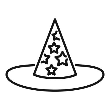 Yıldızlarla süslenmiş, sihir ve büyüyü simgeleyen bir büyücü şapkası çizimi.