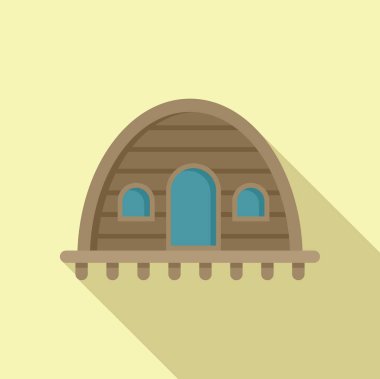 Çevre dostu ahşap kulübe binası. Büyük kapısı ve sürdürülebilir yaşam için küçük pencereleri var.