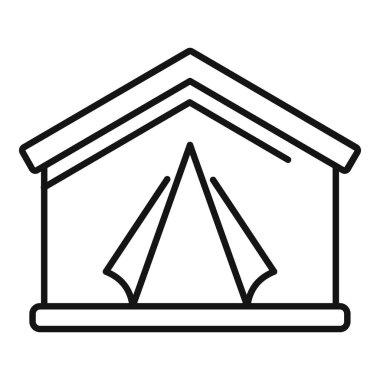 Çatı altında bir çadırı temsil eden basit bir çizgi simgesi. Glamping ve lüks kamp projeleri için mükemmel.