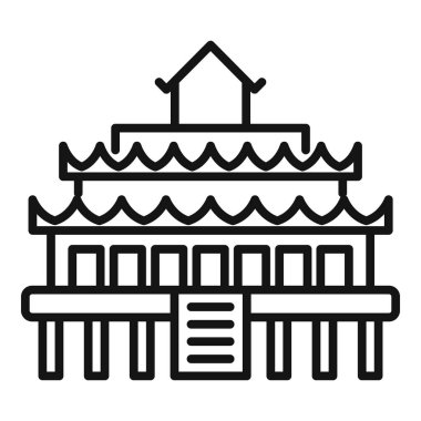 Geleneksel bir Asya evinin basit çizgi simgesi, eğri çatılı ve ayaklıkların üzerinde duran