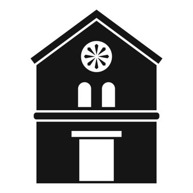 Geniş kapısı ve yuvarlak penceresi olan bir kilise binasının basit simgesi