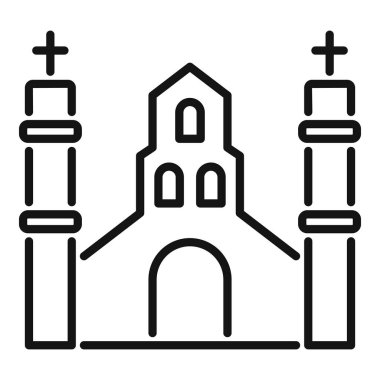 İki yüksek çan kulesinin bulunduğu bir kilise binasının çizgi sanat simgesi