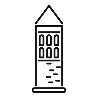 Seyahat ve tarih projelerinde kullanıma uygun, kemerli pencereleri olan uzun bir kulenin basit satır simgesi