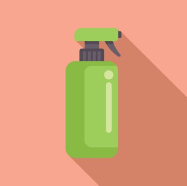 Yeşil sprey şişesi pembe arka planda duruyor. Temizlik ve dezenfekte için kullanılmaya hazır.