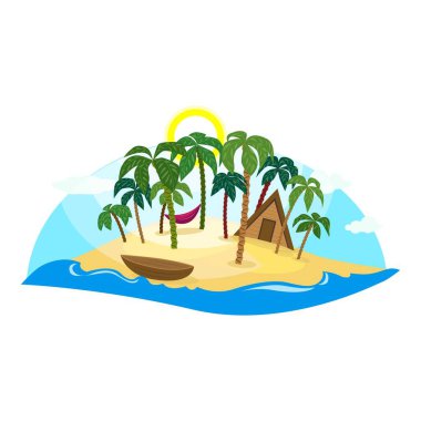 Palmiyeleri, bungalovu, hamağı ve teknesi parlayan güneşin altında mavi okyanus dalgalarıyla çevrili tropik bir ada.