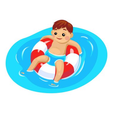 Gülümseyen çocuk yüzme havuzunda yüzerken şişme bir yüzük kullanıyor.