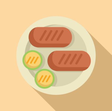 Tabakta kabak dilimleri olan iki ızgara sosisin minimalist çizimi, sağlıklı ve lezzetli bir yemeği temsil ediyor.