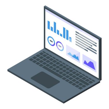 Finansal veri analizini grafikler ve diyagramlarla gösteren, iş zekasını ve veri odaklı karar verme mekanizmasını temsil eden bir dizüstü bilgisayar