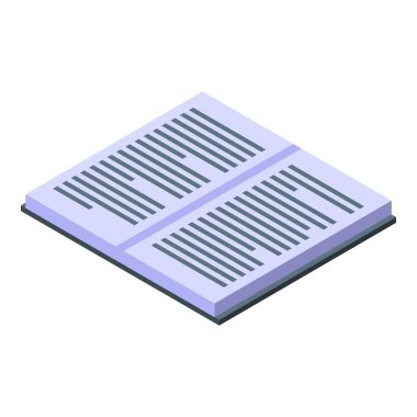 Açık kitap, izometrik bir görünümde düzenli metni gösteren sayfalar açık bir şekilde uzanır.