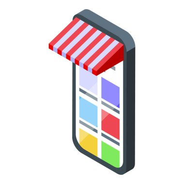 Smartphone, e ticaret ve mobil alışveriş kavramını temsil eden kırmızı ve beyaz çizgili güneşlikli bir çevrimiçi mağaza sergiliyor