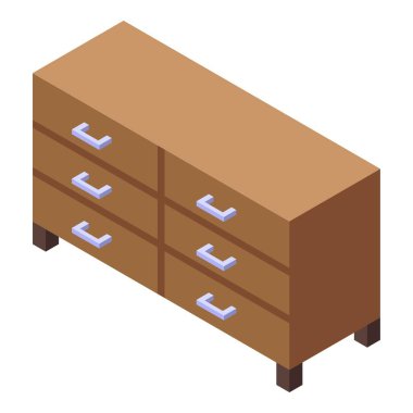 Bu izometrik ikonda birden fazla çekmece bulunan ahşap bir dolap var. Kıyafetleri depolamak ve yatak odası düzenini geliştirmek için ideal.