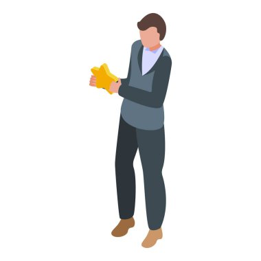 İşadamı, olumlu geri bildirim ve yüksek reytingleri temsil eden büyük bir altın yıldız tutuyor.