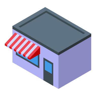 Çizgili tente ikonuna sahip küçük bir dükkan binası, küçük işletme kavramı