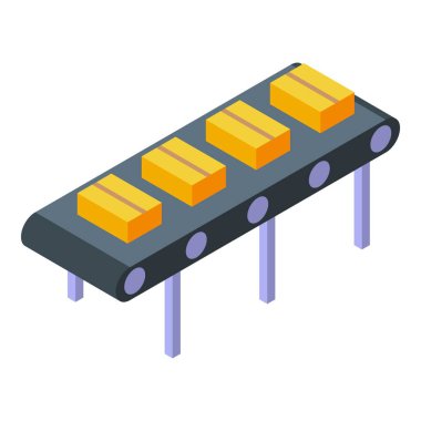 Bir dağıtım deposunda karton kutuları taşıyan taşıyıcı bant, bir izometrik simge illüstrasyonu