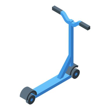 Mavi tekme scooter dikey duruyor, izometrik illüstrasyon beyaz arkaplanda izole