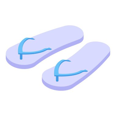 Kumsalda uzanan bir çift mavi parmak arası terlik, plaj için izometrik yaz ayakkabısı.