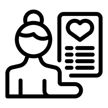 Sağlık ve kardiyolojiyi temsil eden bir kalp ikonu ile tıbbi test sonucu tutan bir kadın doktorun çizgi ikonu